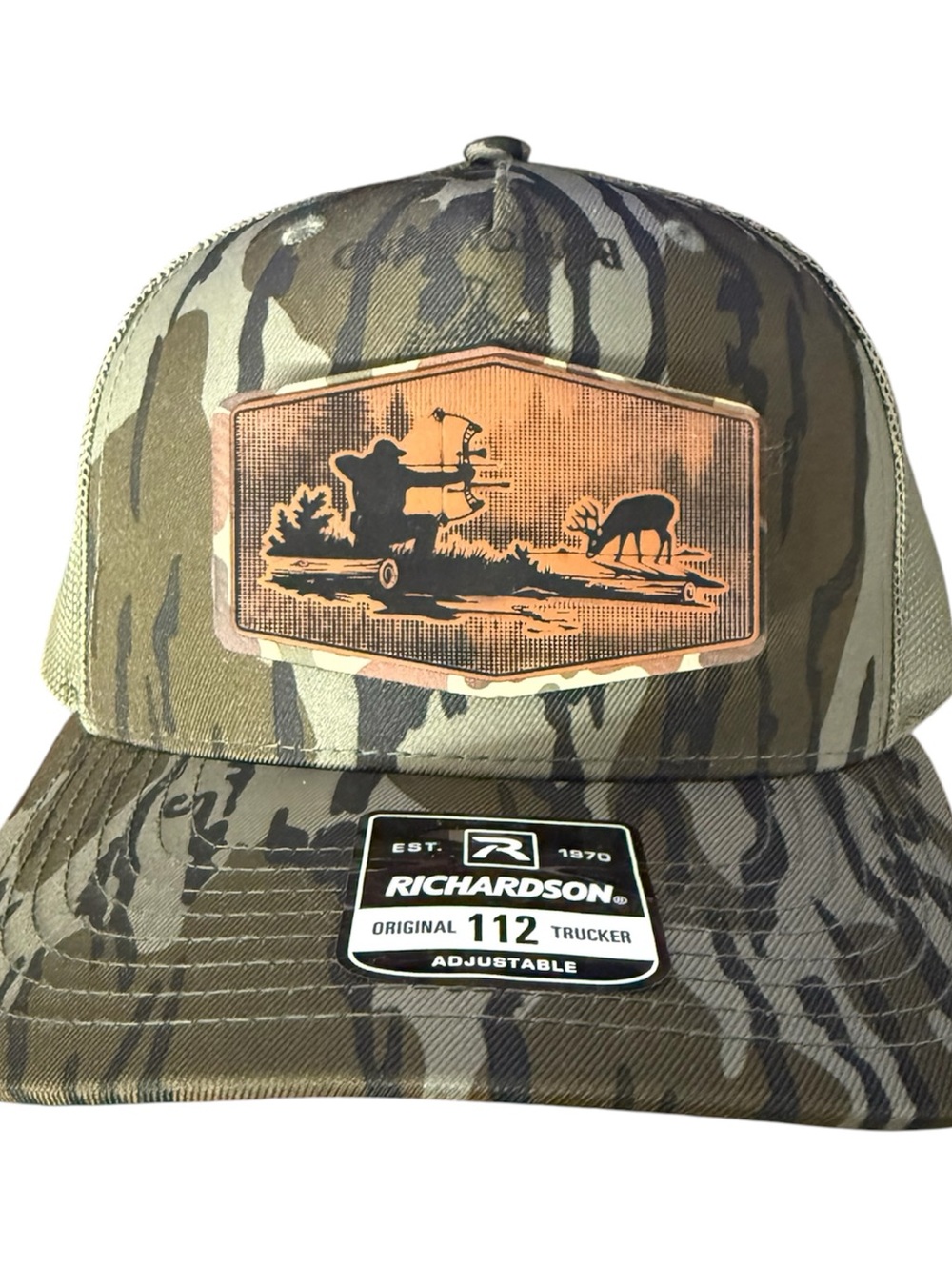 Richardson Bottomland Camo Trucker Hat with Brown Bow Hunting Patch (New)